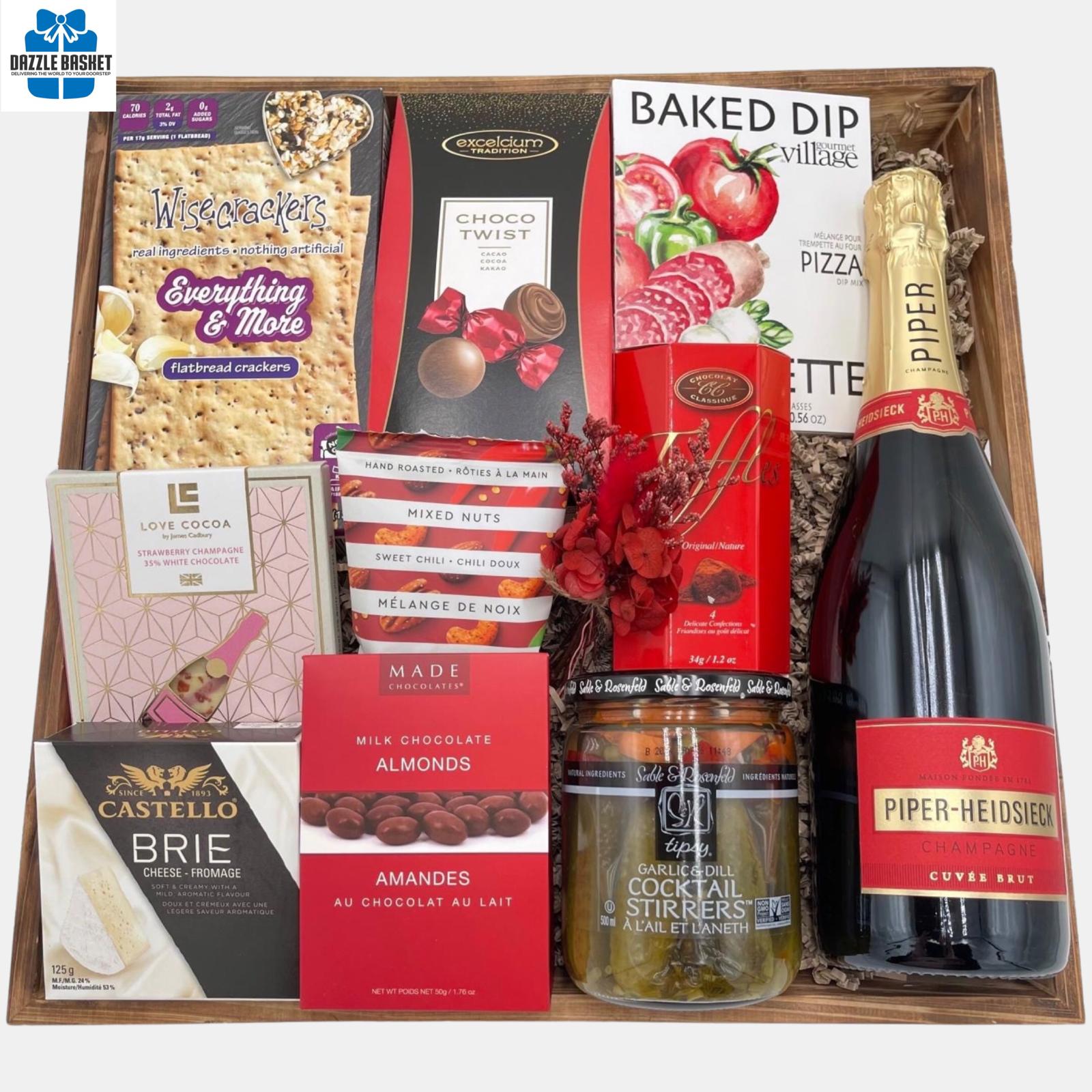 A made in Calgary champagne gift basket that includes a bottle of Piper Champagne, Love themed gourmet snacks organized in a reusable wooden tray..