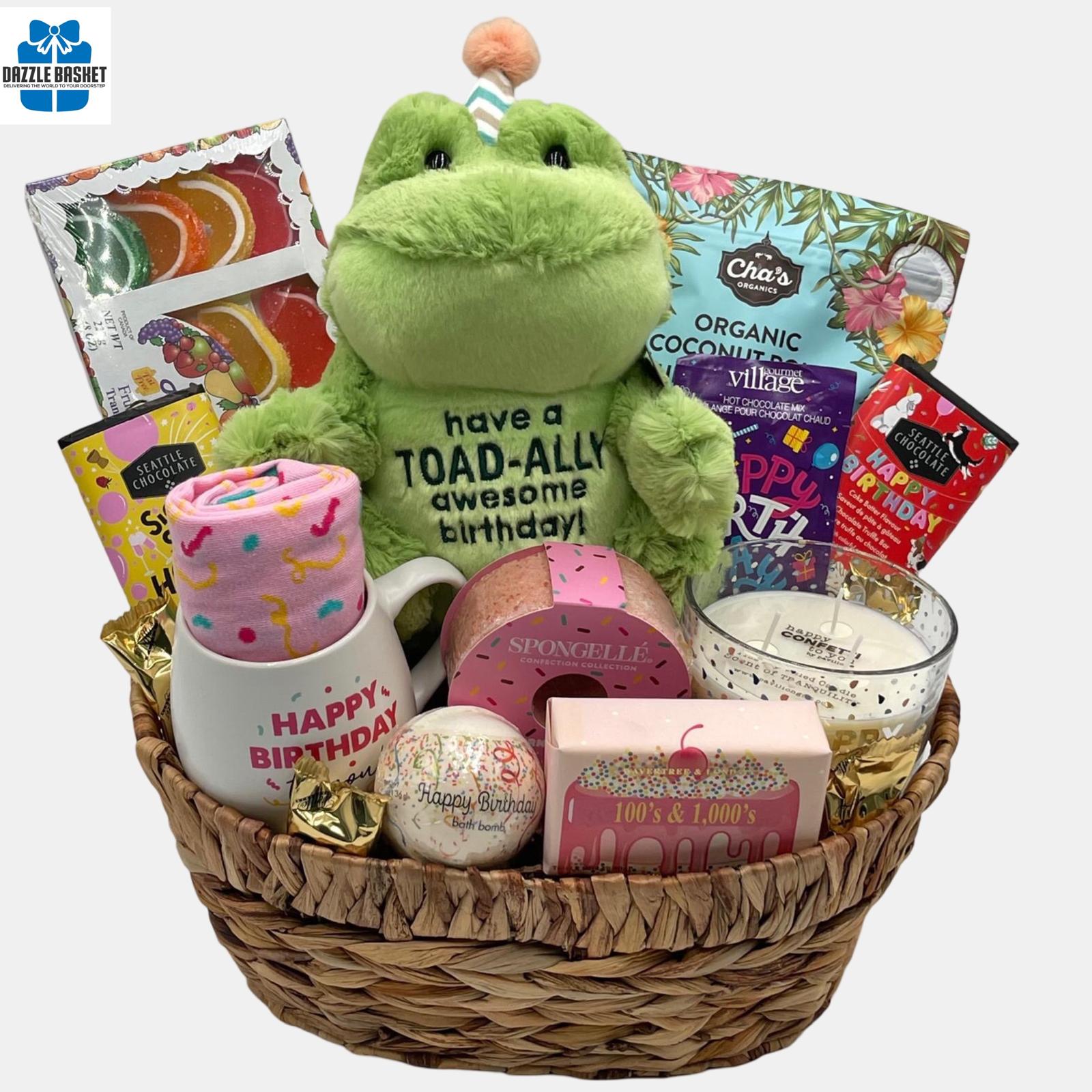 This wonderful birthday gift basket is filled with birthday themed goodies such as plush toy. chocolates, mugs, spa products and much more. This custom gift basket makes for a perfect birthday gift.