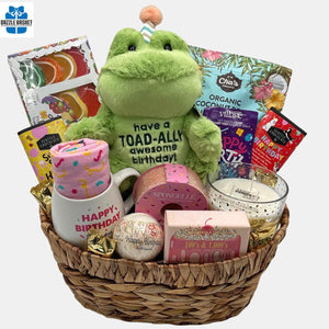 This wonderful birthday gift basket is filled with birthday themed goodies such as plush toy. chocolates, mugs, spa products and much more. This custom gift basket makes for a perfect birthday gift.