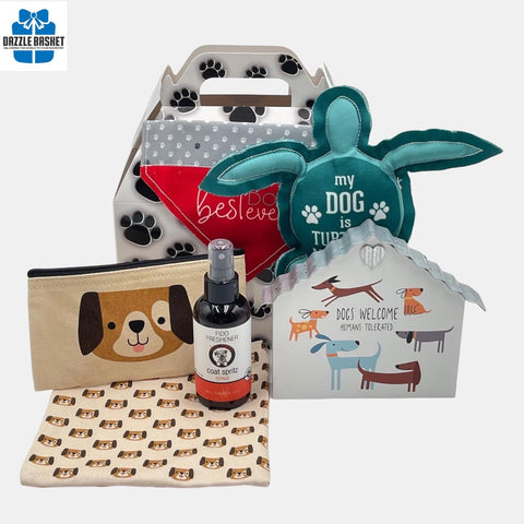 Collection of pet-related products including a coat spritz, dog bandana, and dog toys and several other products for your favorite canine.