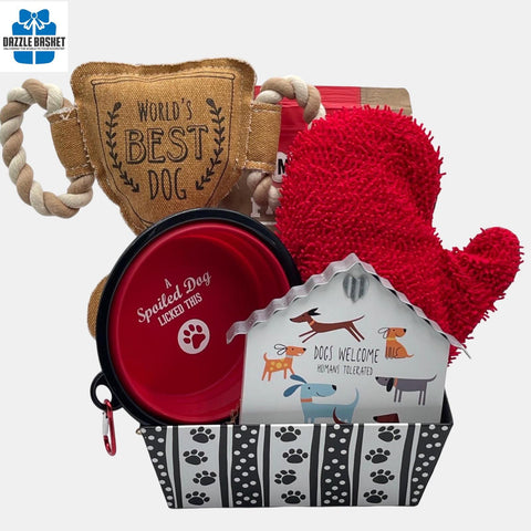 Dog gift basket with toys and accessories in a black and white market tray with paw prints.