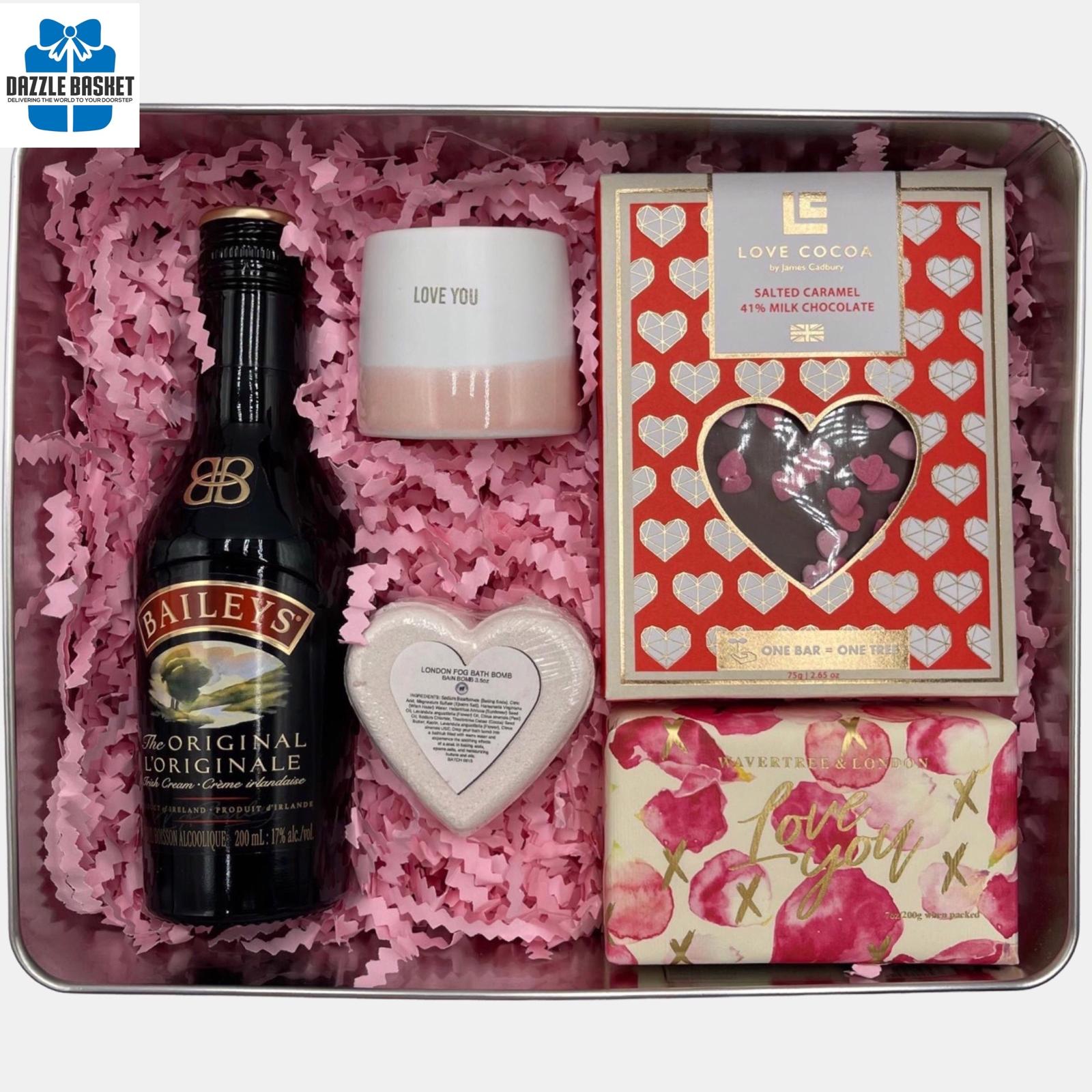 Gift for Mom basket with bottle of Bailey's and quality products handpicked for an amazing Mother.  Great Mother's day gift.
