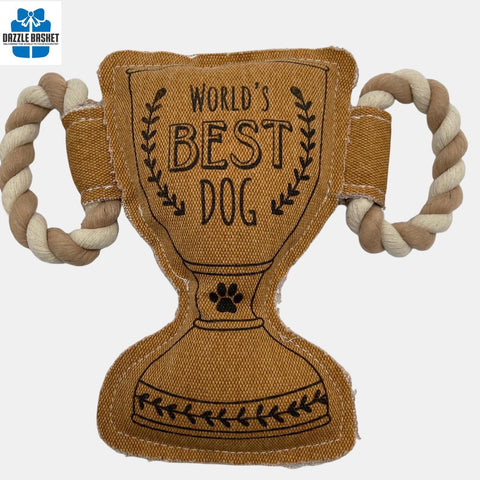 Dog toy shaped like a trophy with 'World's Best Dog' text and rope handles on a white background.