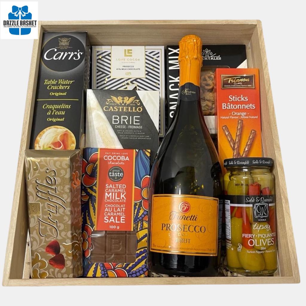 Gift baskets Calgary-Made in a wooden crate, this made in Calgary Prosecco gift basket includes an award winning bottle of Prosecco and tasty gourmet snacks. 