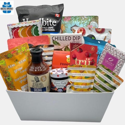 Celebrate togetherness with this amazing gluten free gourmet gift basket. This beautiful made in Calgary gift basket is filled with gourmet snacks that your loved ones will cherish.