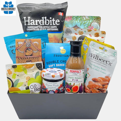 Celebrate togetherness with this amazing gluten free gourmet gift basket. This beautiful made in Calgary gift basket is filled with gourmet snacks that your loved ones will love.