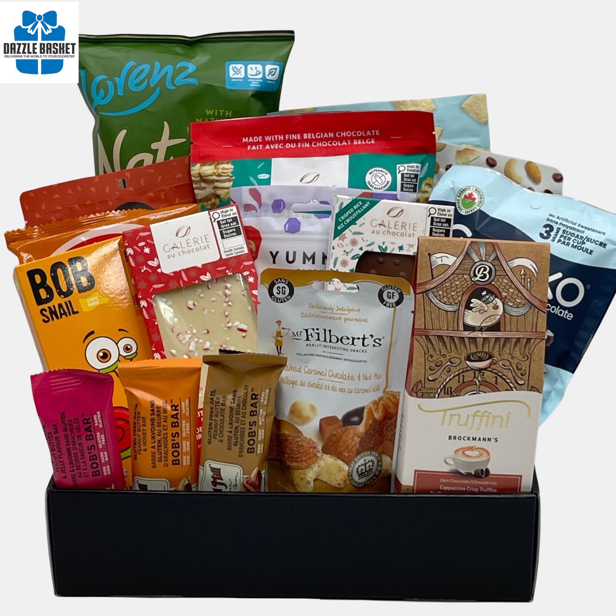 Glutenfree Holiday gift baskets Calgary- Happy Holidays from Dazzle Basket includes a wine and a variety of gluten free gourmet snacks for this amazing Holiday season.
