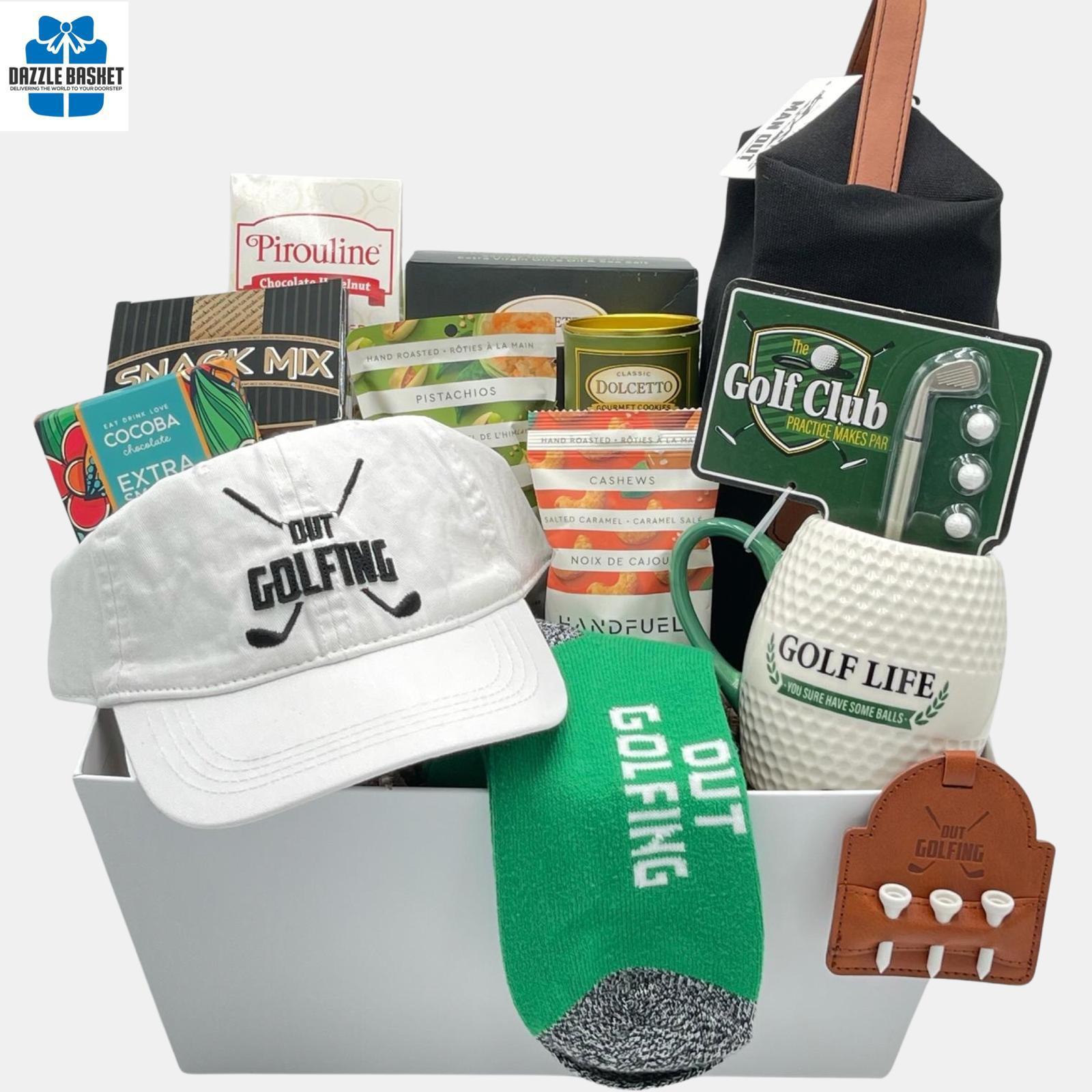 Calgary golf gift basket that includes golf themed products and gourmet snacks in a grey market tray.