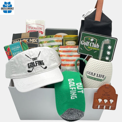 Calgary golf gift basket that includes golf themed products and gourmet snacks in a grey market tray.