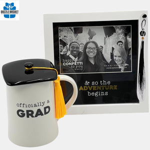 A Graduation gift set that includes a Graduate themed photo frame & a "Officially a Grad" coffee mug with a lid.