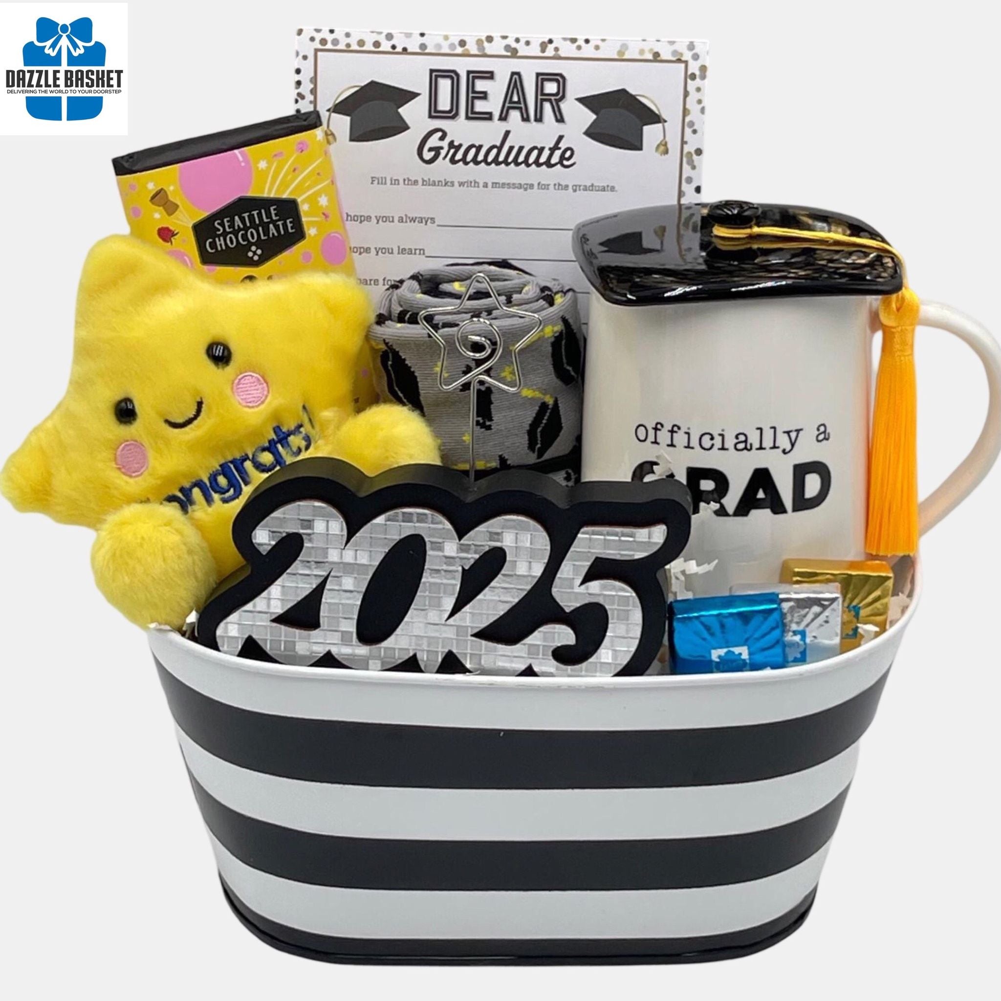 Best Graduation gift Calgary offers: Number of graduation themed products arranged in a black & white oval metal container.