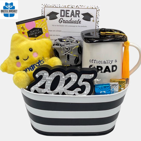 Best Graduation gift Calgary offers: Number of graduation themed products arranged in a black & white oval metal container.