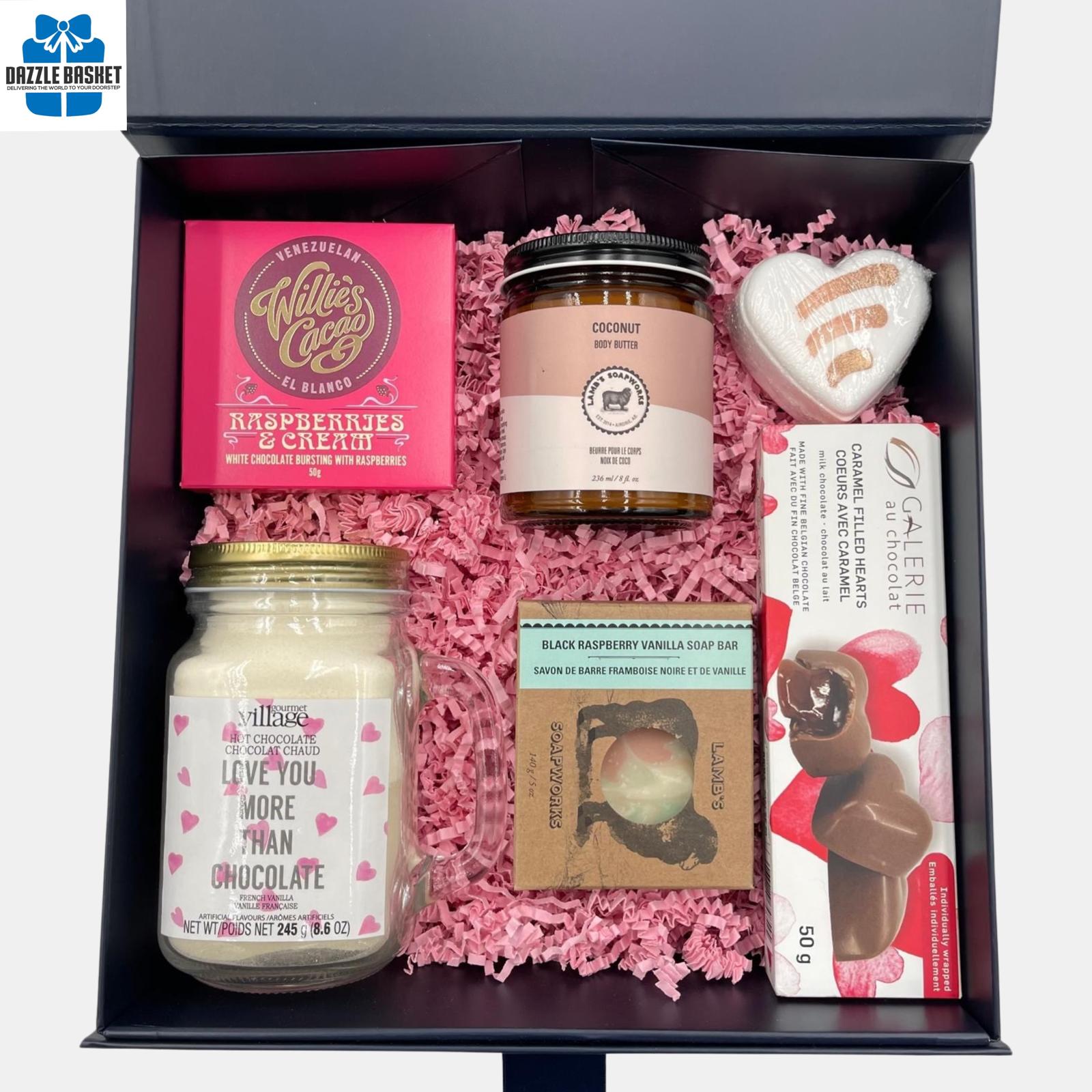 A Calgary gift box that includes chocolates, spa products and  a hot chocolate jar packed in a magnetic cardboard box. 