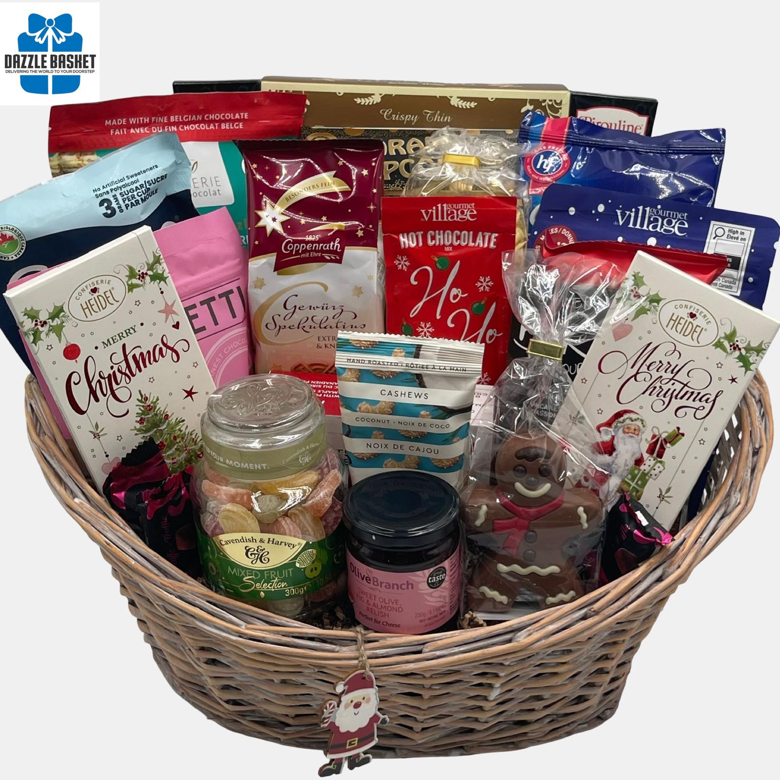 Gift baskets Calgary- A stupendous made in Calgary gourmet gift basket with delicious gourmet snacks in a large oval shaped willow basket
