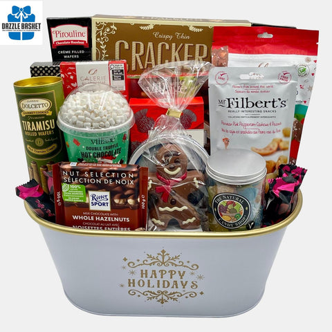 This Gourmet gift basket is one of the best gift baskets Calgary offers. It includes a number of sweet & savory food snacks for all to enjoy. The basket is made in a white metal container that says "Happy Holidays".