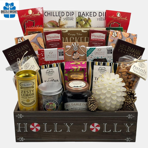 A made in Calgary holiday gift baskets that includes delicious gourmet snacks and a pine shaped LED candle in a wooden crate.