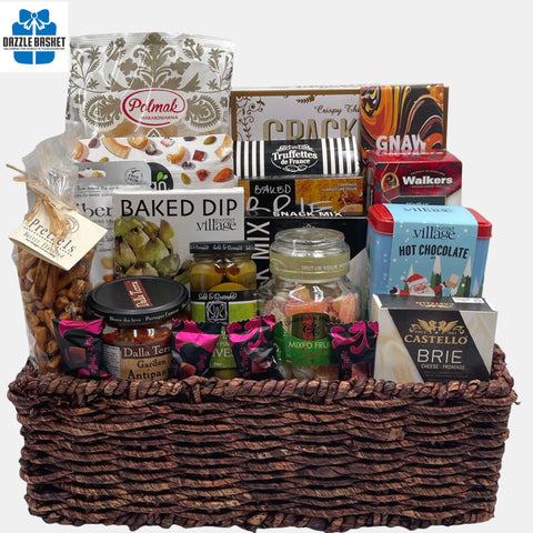 A made in Calgary Holiday gourmet gift basket filled with delicious snacks arranged neatly in a large corn market tray.