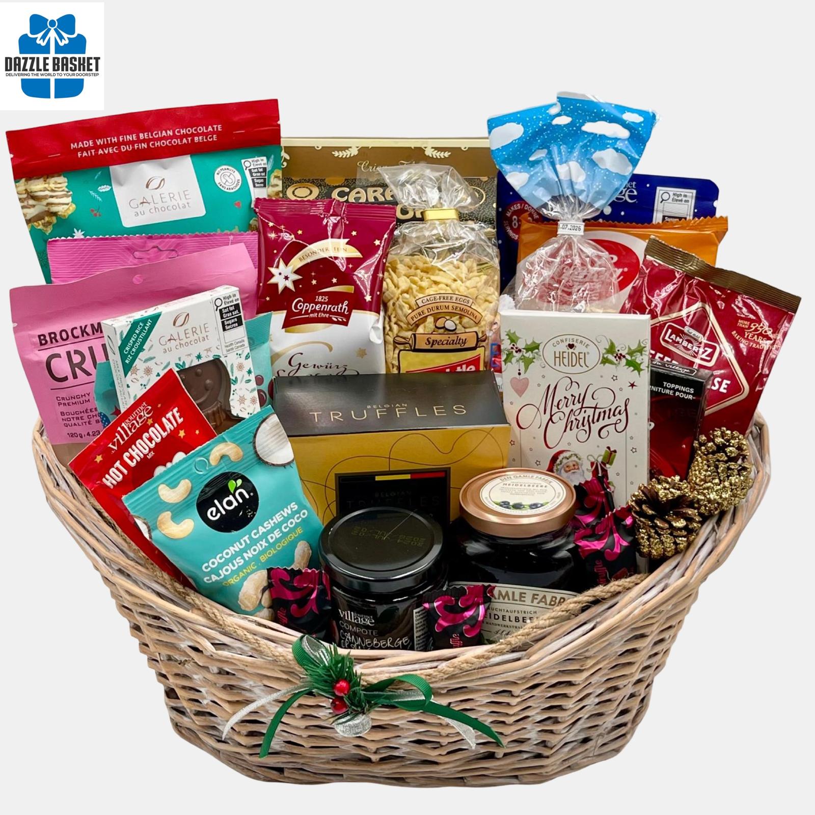 Gift baskets Calgary- A stupendous made in Calgary gourmet gift basket with delicious gourmet snacks in a large oval shaped willow basket