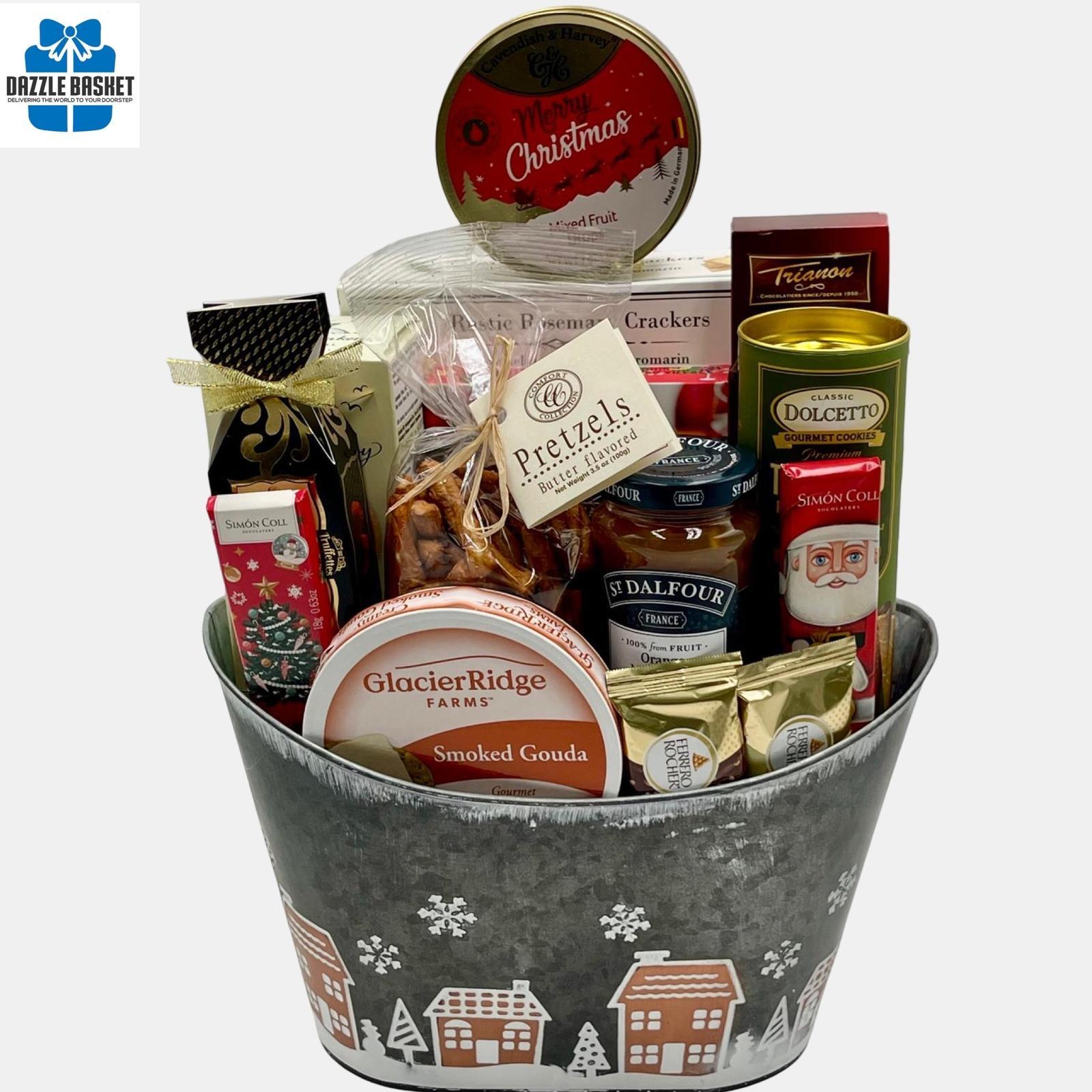 Gift baskets Calgary-Dazzle Basket- Royal gift basket is a holiday themed basket that includes delicious gourmet snacks in a beautiful Christmas night metal container.