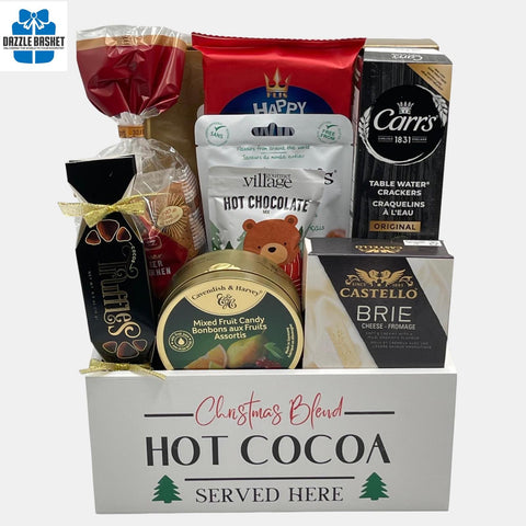 Gift baskets Calgary from Dazzle Basket- A holiday gift basket filled with delicious food snacks in  a Christmas themed white wooden crate