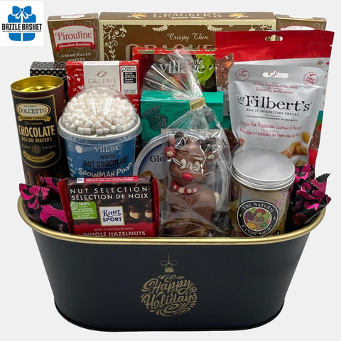 This Gourmet gift basket is one of the best gift baskets Calgary offers. It includes a number of sweet & savory food snacks for all to enjoy. The basket is made in a black metal container.