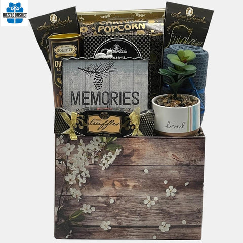 Best Housewarming gift basket Calgary offers and includes a Memories plaque, potted plant and delicious gourmet snacks for the new home owner.