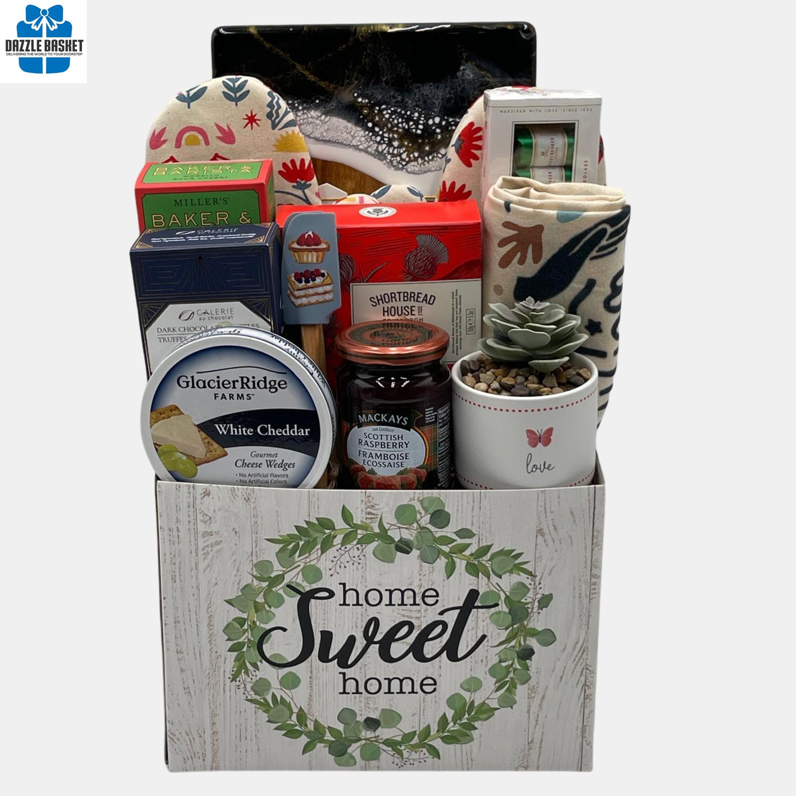 A made in Calgary housewarming gift basket that includes gourmet sweet and savory snacks & household products to go with it. The products are arranged neatly in a "Home Sweet Home" container. 