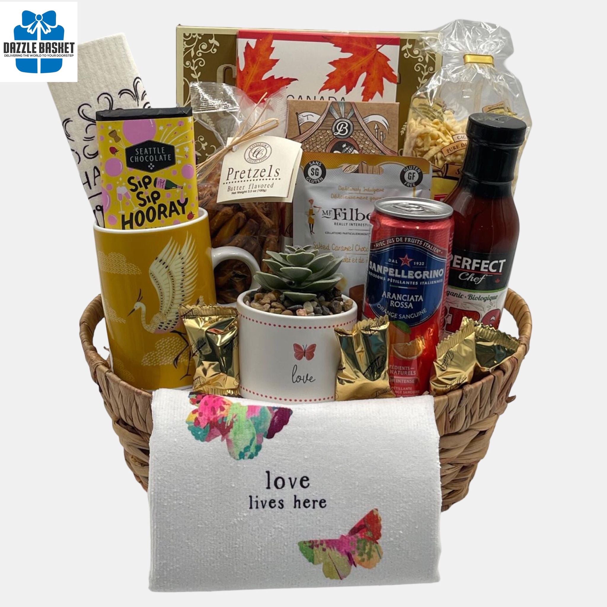 A made in Calgary housewarming basket containing containing thoughtful and useful products for the new home owner.