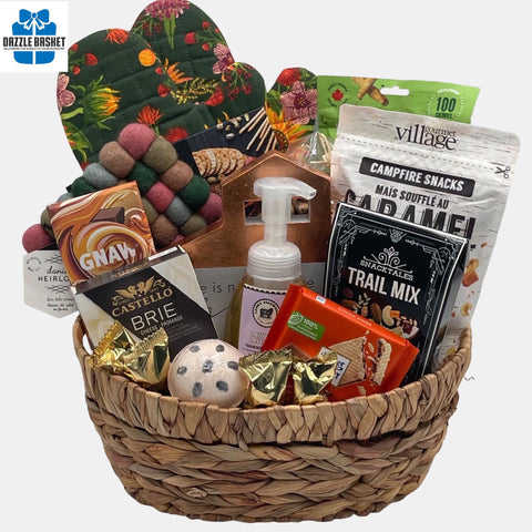 A made in Calgary housewarming basket containing containing thoughtful and practical products for the new home owner.