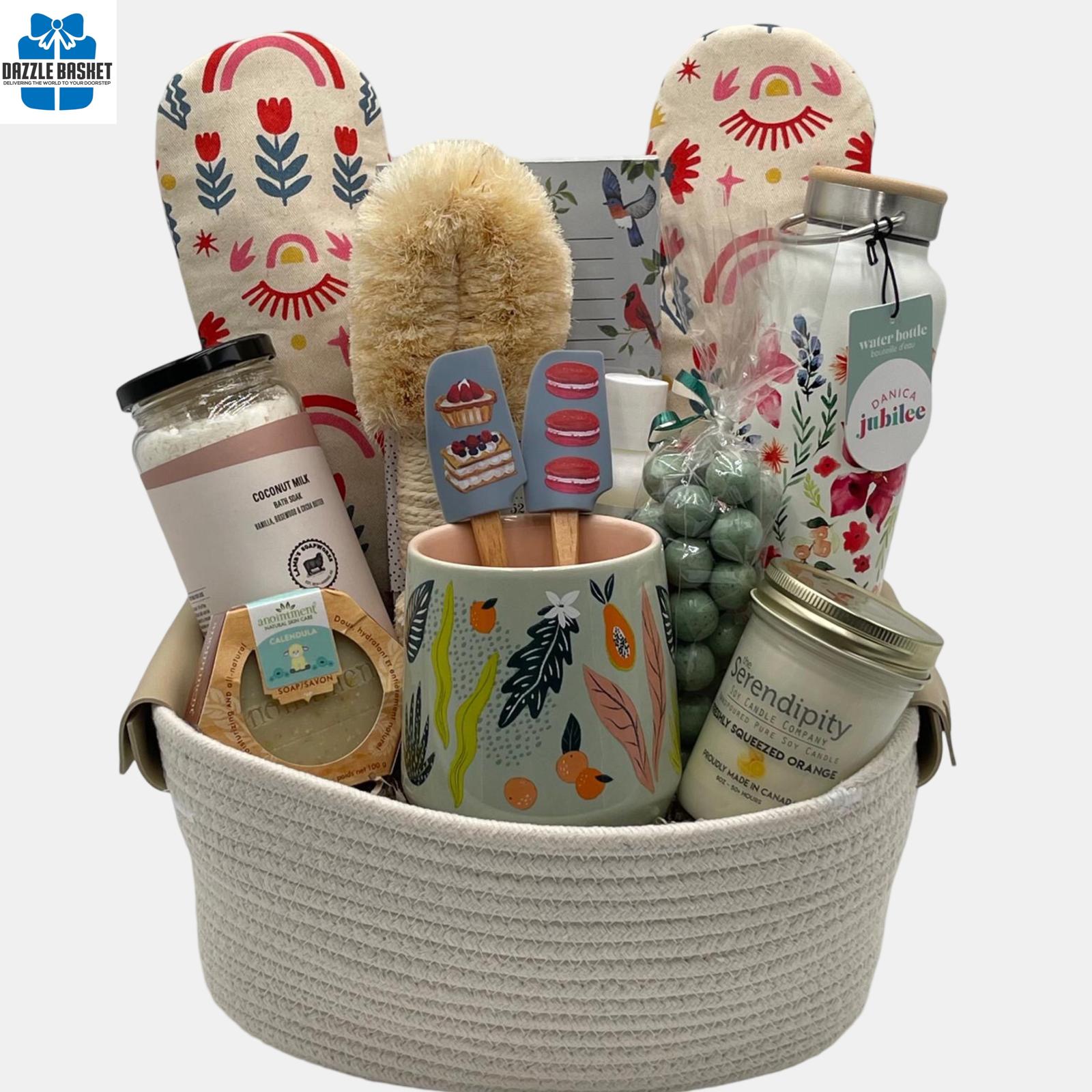 A made in Calgary housewarming gift basket that includes delicious gourmet sweets and number of household and spa items arranged neatly in a reusable cotton basket.