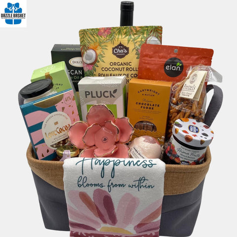 A made in Calgary housewarming gift basket that includes gourmet sweet and quality spa & household  products that make for a perfect new homeowner gift.