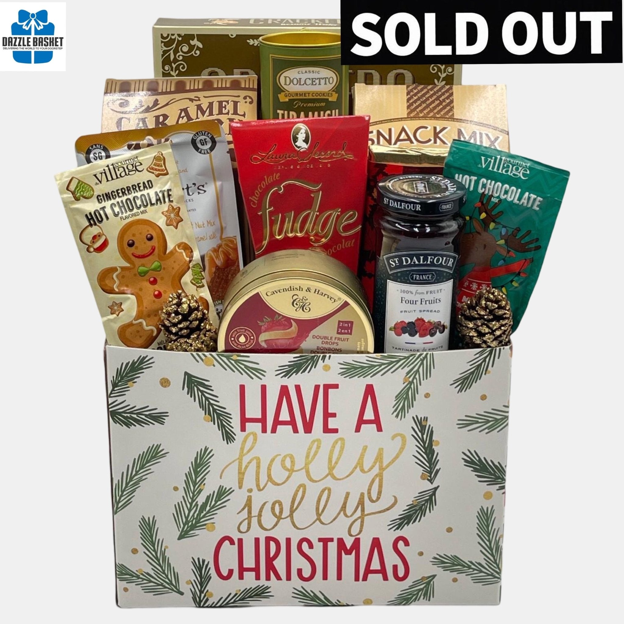 A Holiday themed Calgary gift basket filled with delicious gourmet snacks packed in a "Holly Jolly Christmas" box