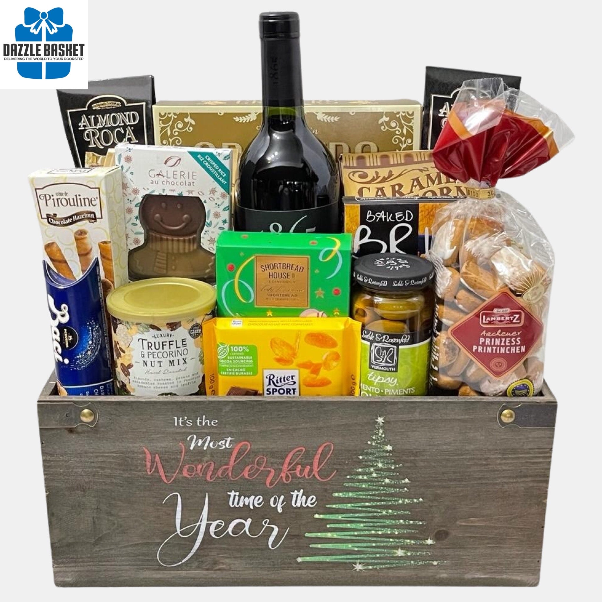 holiday gift baskets Calgary from Dazzle Basket- A wine gift basket overflowing with delicious gourmet snacks & bottle of wine.