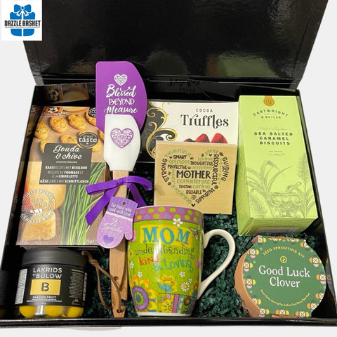 A made in Calgary gift box that includes products specific for Mother along with delicious gourmet snacks. It is a perfect Mother's Day gift.