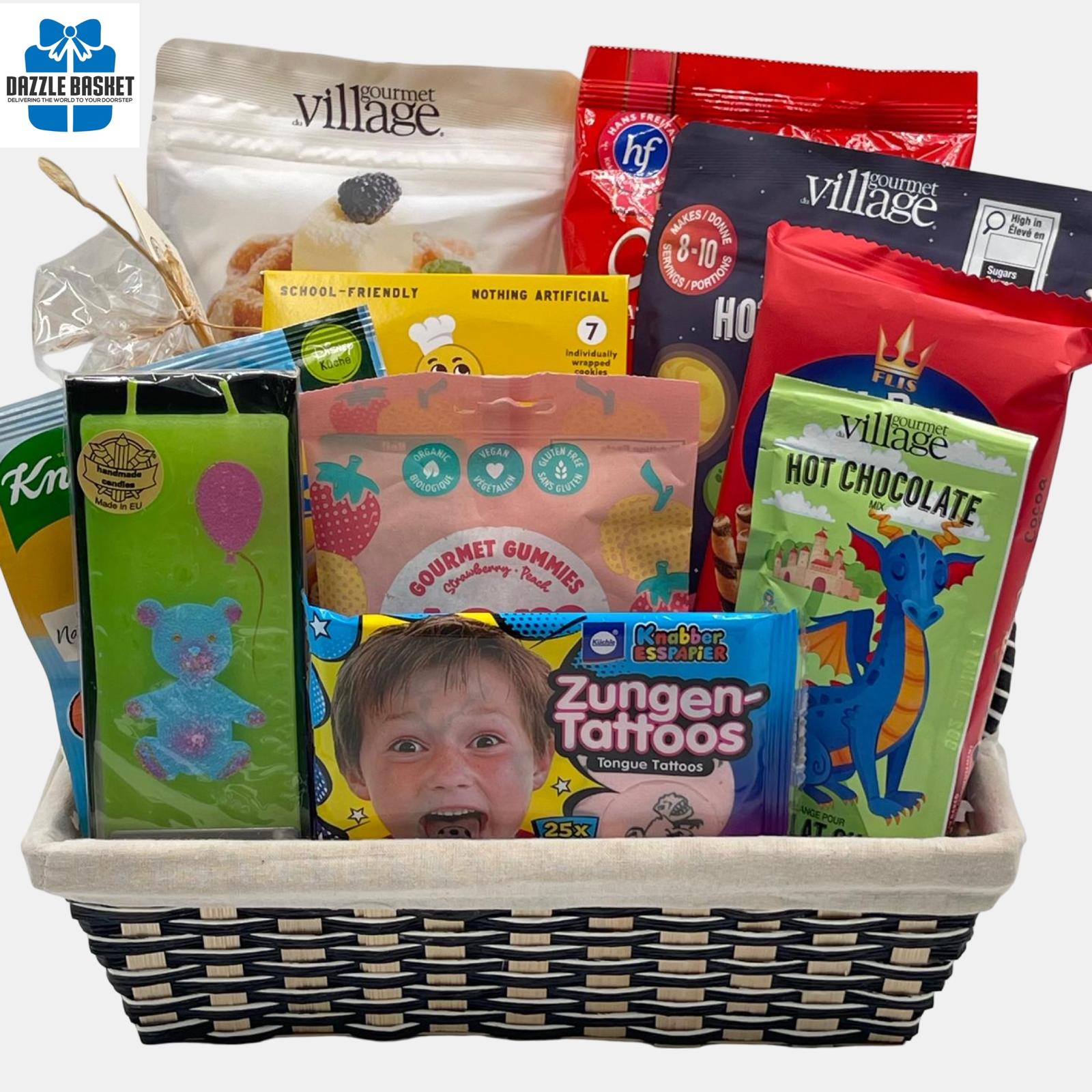 Calgary birthday gift basket that includes a "Happy Birthday" candle and gourmet snacks organized beautifully in a woven rectangular basket with off white liner.