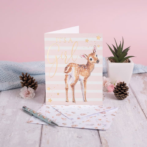 Newborn Baby Girl Greeting Card - Loved Deerly