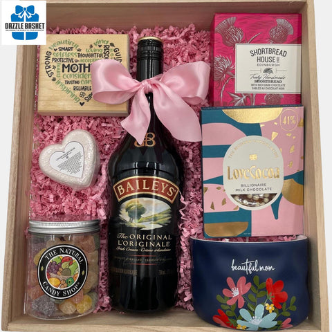 Gift for Mom basket with bottle of Bailey's and quality products handpicked for an amazing Mother.  Great Mother's day gift.