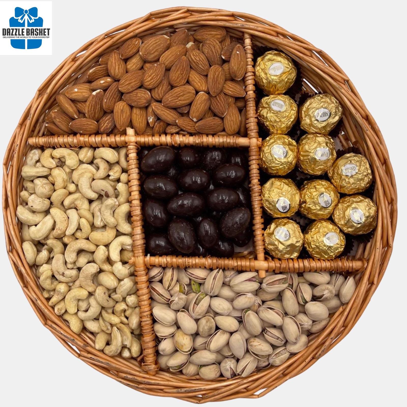 This sectional wooden tray is filled with over 1kg. of tasty products including almonds, dried cranberries, cashews and chocolate almonds. This is a perfect gift for all occasions.