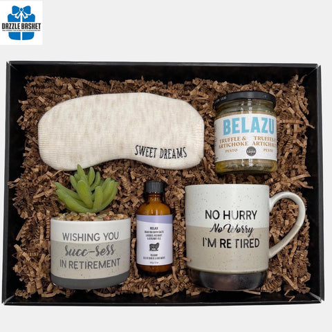 A made in Calgary retirement gift basket that includes multiple retirement themed products.