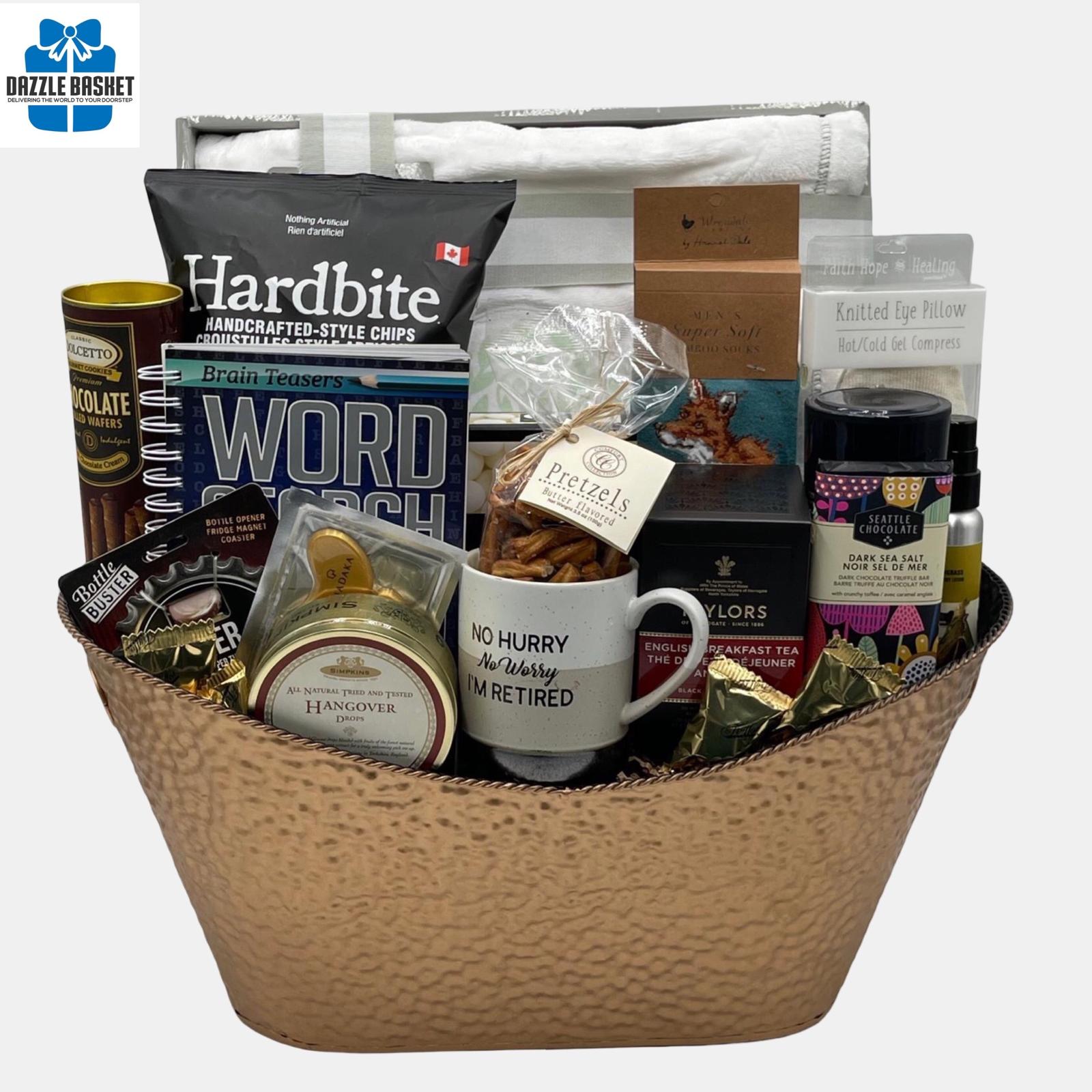 A made in Calgary retirement gift basket with various retirement themed items including a mug, snacks, and a word search book in an extra large metal oval shaped container