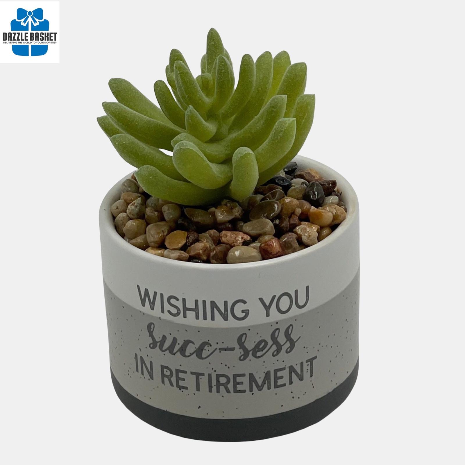 Ceramic pot with artificial succulent plant and retirement message. 