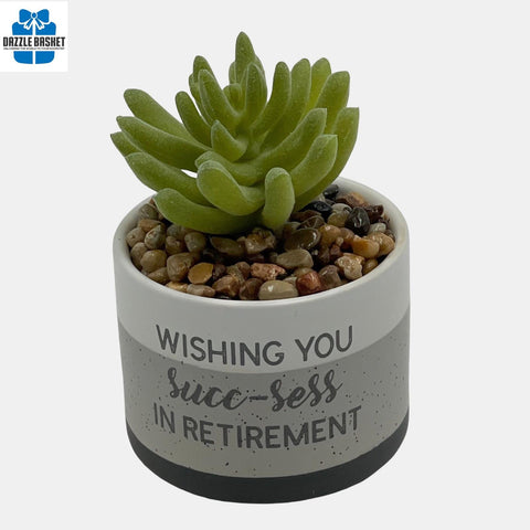 Ceramic pot with artificial succulent plant and retirement message. 
