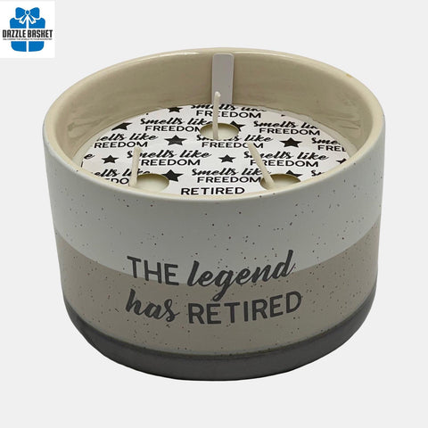 This 12 oz 100% soy wax jasmine tranquility-scented candle fills a smooth-edged ceramic vessel with a decal "The Legend has Retired".