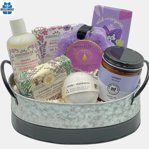Calgary Lavender spa gift basket is one of the finest spa gift basket Calgary offers. This basket made in a beautiful galvanized metal container includes multiple lavender  spa products.