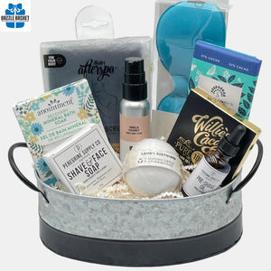 A unique gift basket for men & includes quality spa products for everyday use arranged in a round metal container.