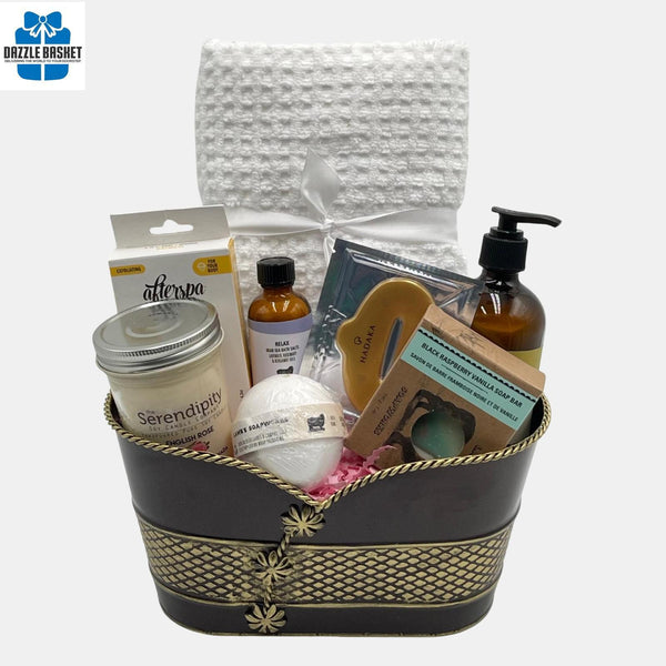 A Calgary spa gift basket that includes quality spa products for a relaxed evening packed in a beautiful off golden brown metal container.
