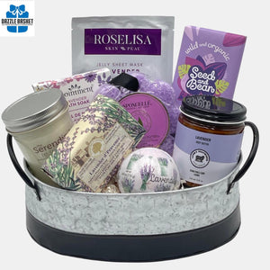 Calgary Lavender spa gift basket is one of the finest spa gift basket Calgary offers. This basket made in a beautiful galvanized metal container includes multiple lavender  spa products.