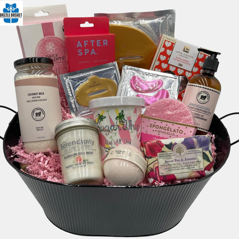 This top of the line spa gift basket from Dazzle Basket is one of the finest spa gift baskets. This basket made in a black colored metal container is overflowing with quality spa products.