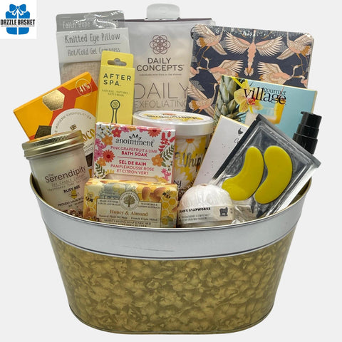 A made in Calgary spa gift basket that includes top of the line line spa products arranged in a in a golden metal container.