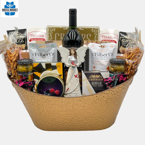 A made in Calgary sympathy gift basket comprising of quality gourmet snacks arranged in a large metal container.